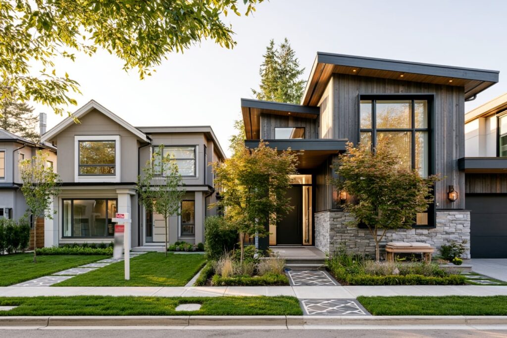 Spec home and custom home side by side representing the distinct visual signatures homebuyers weigh in BC