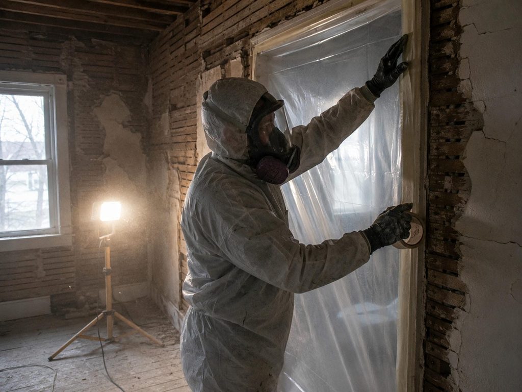 Abatement worker in a white coverall and respirator sealing plastic sheeting inside a stripped older house
