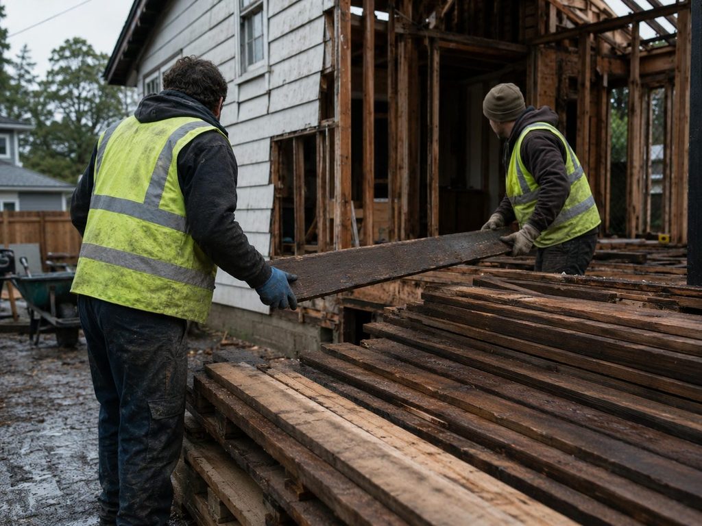 Deconstruction workers hand stacking salvaged framing lumber beside a house being taken apart board by board