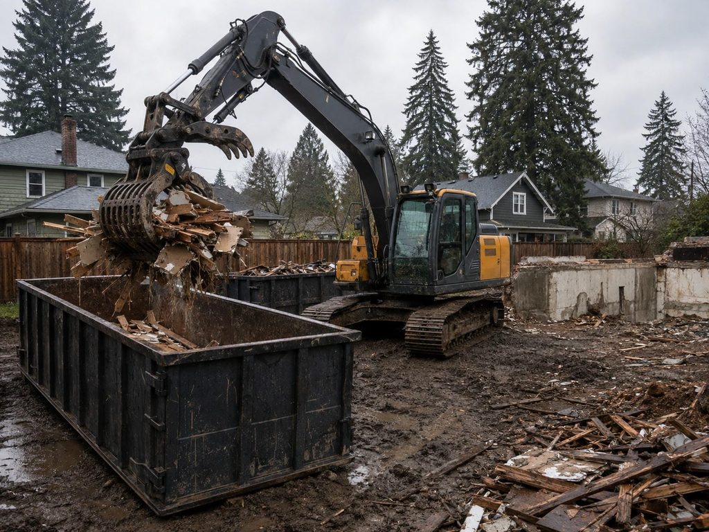 Excavator loading demolition debris into a roll off disposal bin while clearing a residential teardown lot