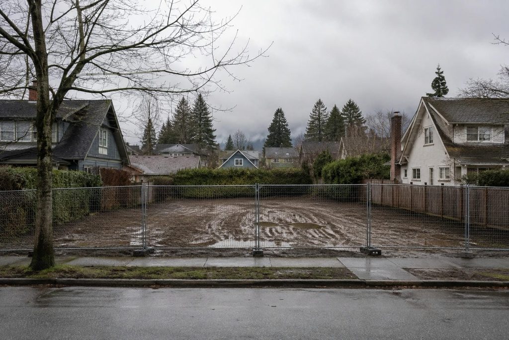 Empty fenced lot sitting cleared and idle between older houses on a Lower Mainland residential street