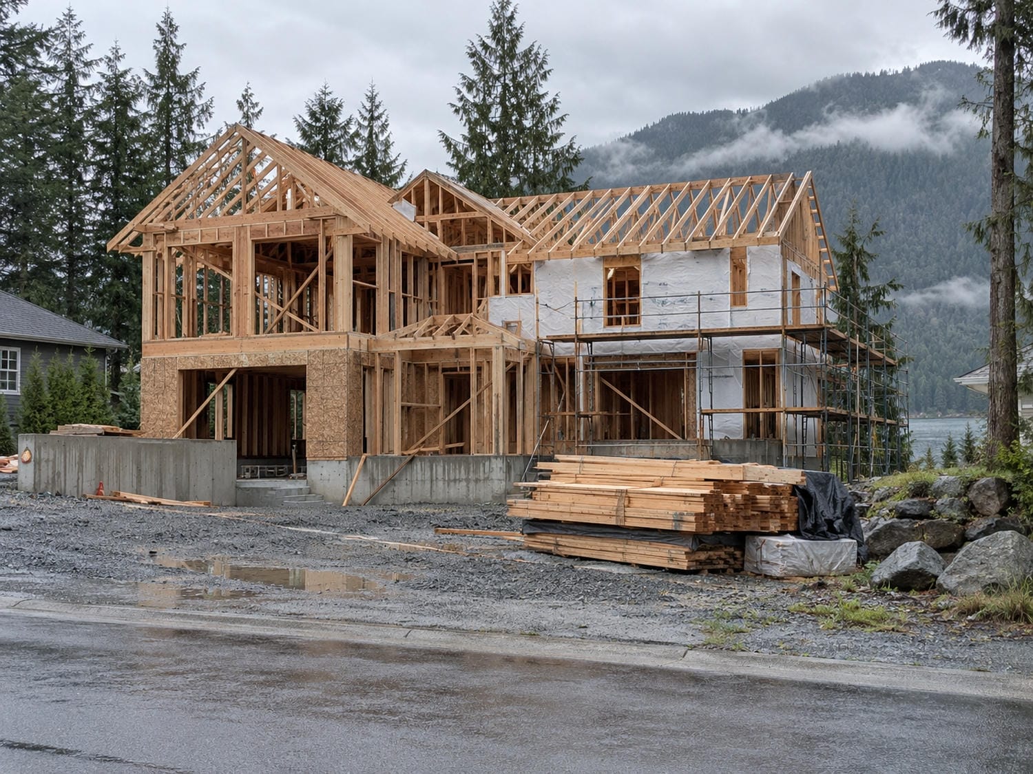Custom home under construction at framing stage on a Lower Mainland lot under an overcast coastal sky
