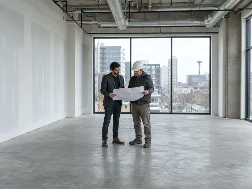 Business owner and contractor reviewing drawings inside an empty leased commercial unit before a Vancouver tenant improvement begins