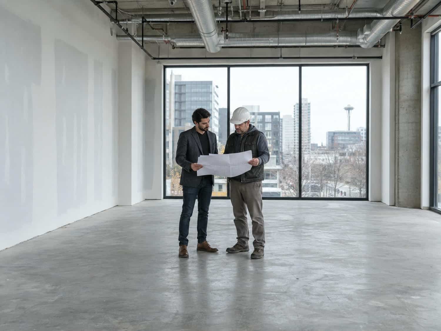 Business owner and contractor reviewing drawings inside an empty leased commercial unit before a Vancouver tenant improvement begins