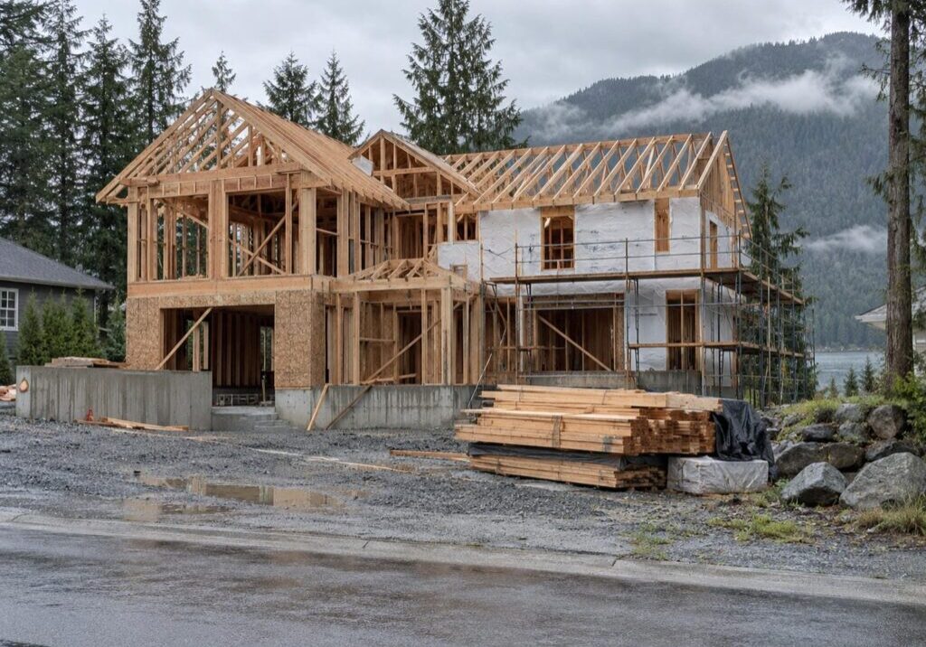 Custom home under construction at framing stage on a Lower Mainland lot under an overcast coastal sky