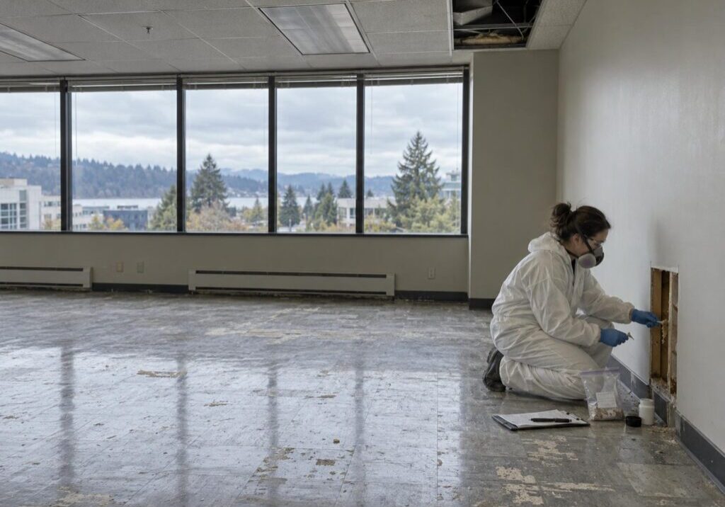 Hazardous materials consultant in coveralls and a respirator collecting a wall sample in an empty Lower Mainland commercial suite before a tenant improvement