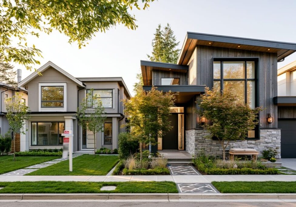 Spec home and custom home side by side representing the distinct visual signatures homebuyers weigh in BC