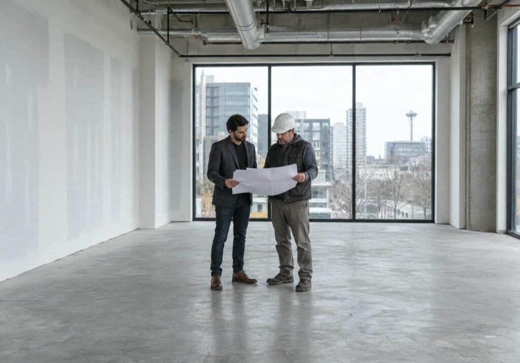 Business owner and contractor reviewing drawings inside an empty leased commercial unit before a Vancouver tenant improvement begins